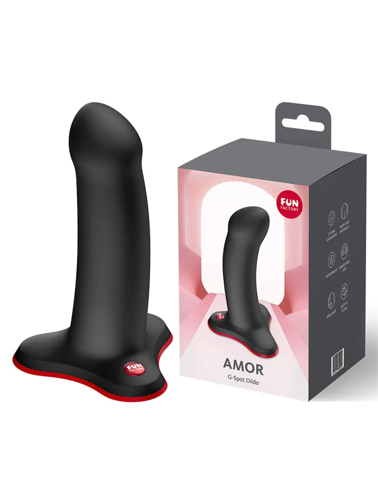 Black FUN FACTORY Amor shown beside its branded retail box