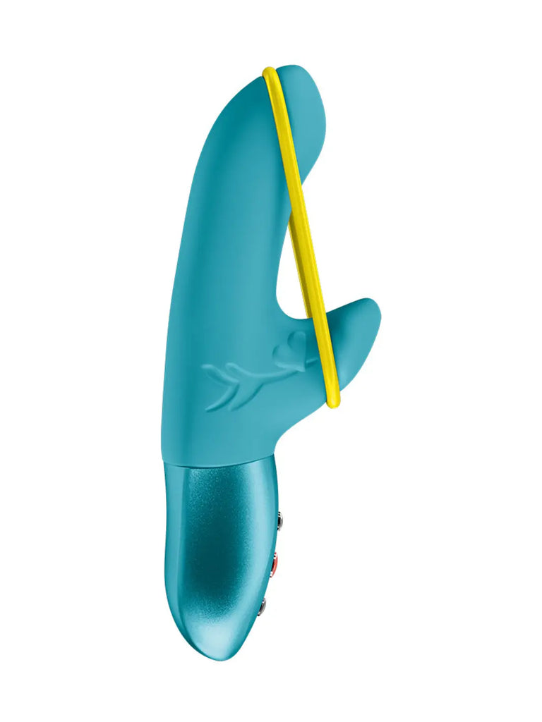 Front view of the aquamarine FUN FACTORY Amorino showing its flexible external arm and stimulation band
