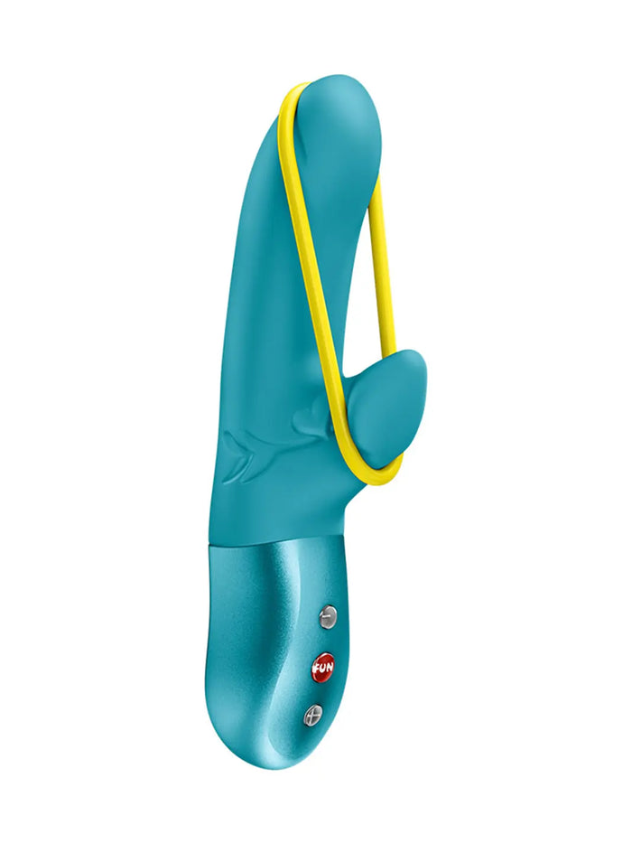 Aquamarine FUN FACTORY Amorino rabbit vibrator with a curved shaft and removable yellow silicone band