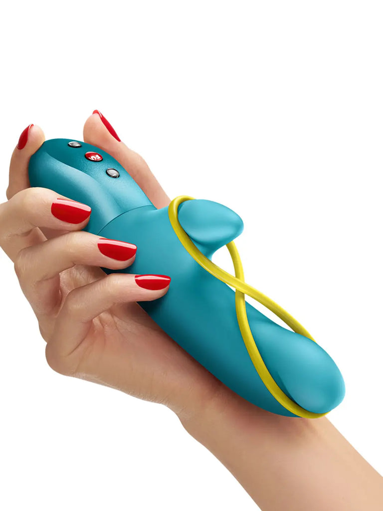 Aquamarine FUN FACTORY Amorino held in one hand to show its compact ergonomic shape