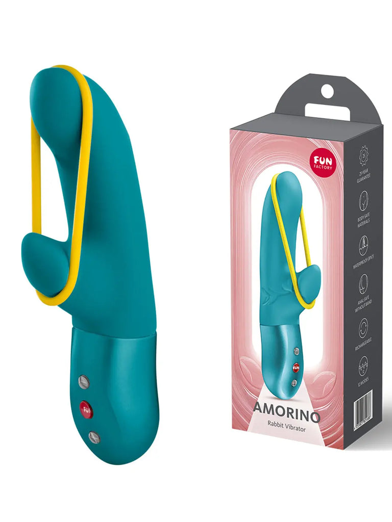 Aquamarine FUN FACTORY Amorino displayed beside its original branded retail packaging