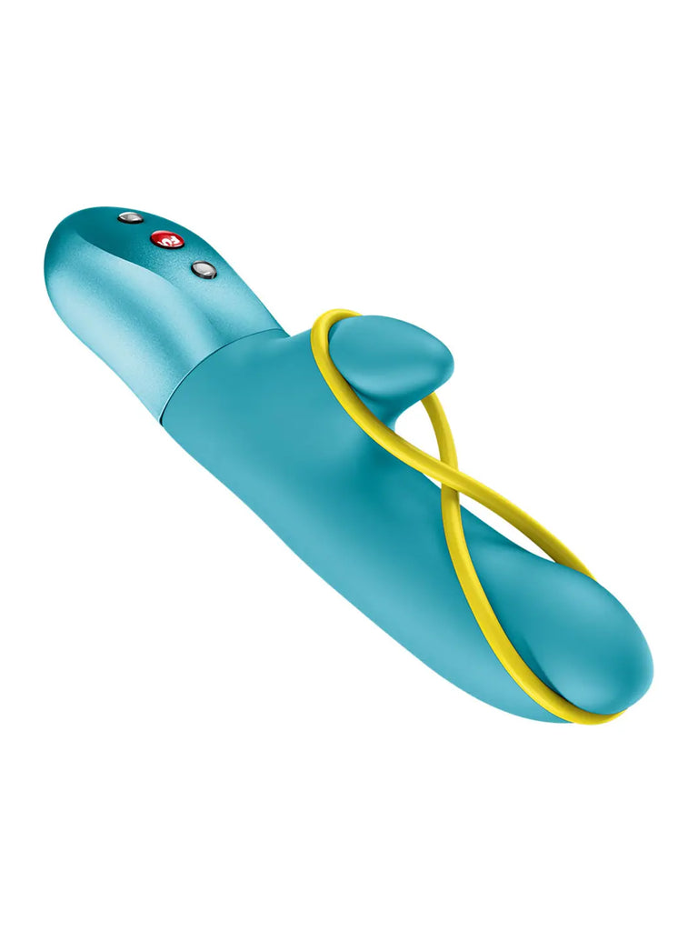 Angled view of the aquamarine FUN FACTORY Amorino with curved silicone shaft and button controls