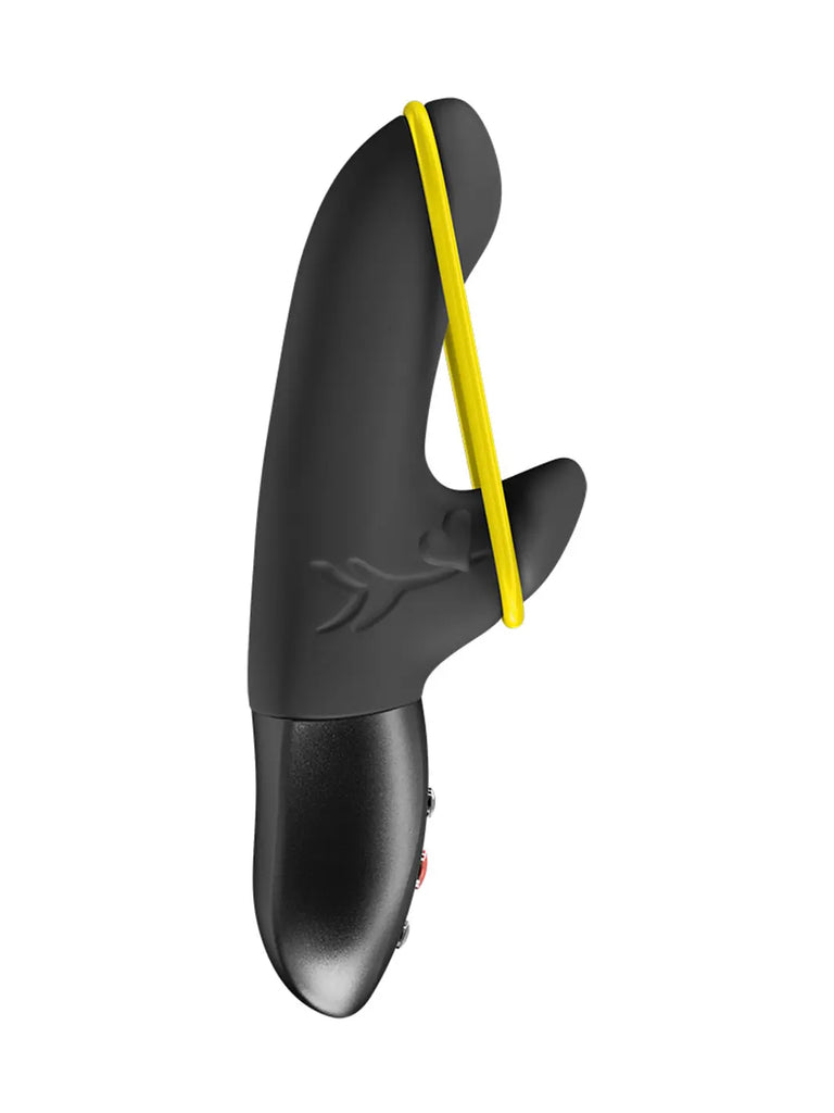 Front view of the black FUN FACTORY Amorino showing its external stimulator and integrated controls