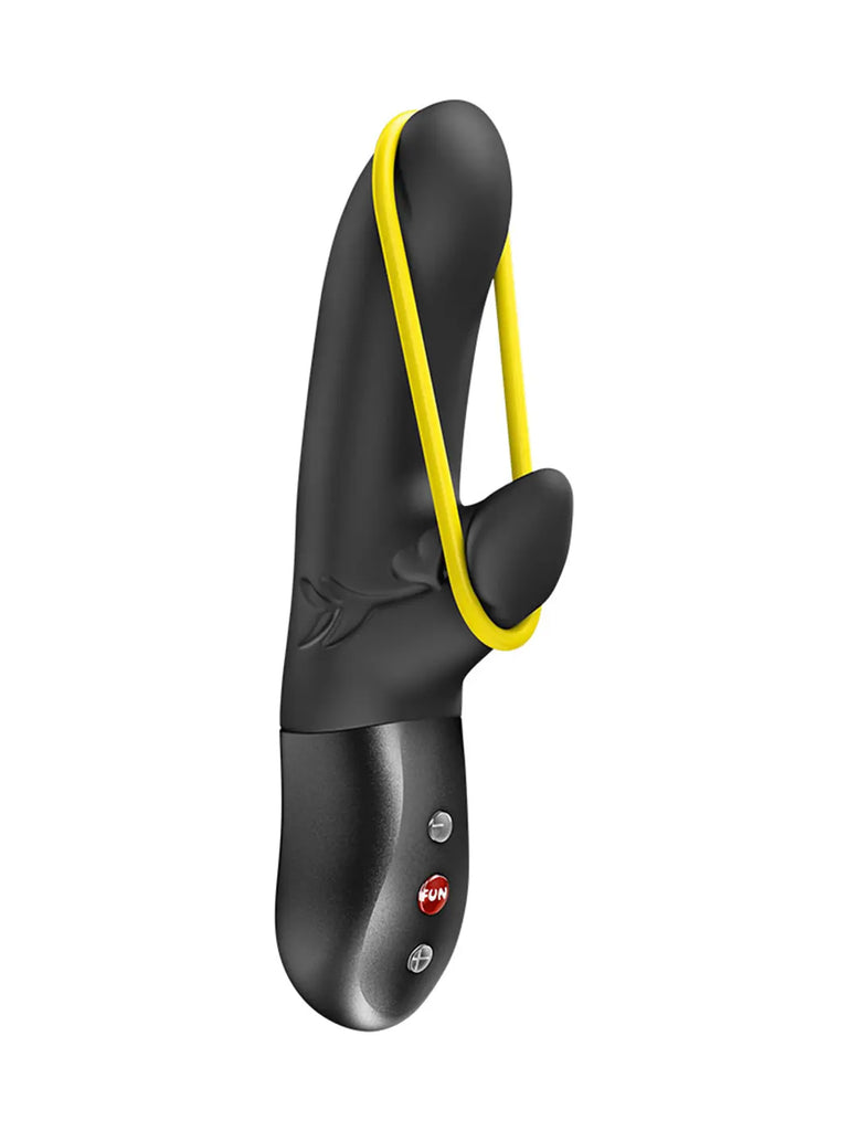Black FUN FACTORY Amorino rabbit vibrator with a curved internal shaft and removable yellow silicone band