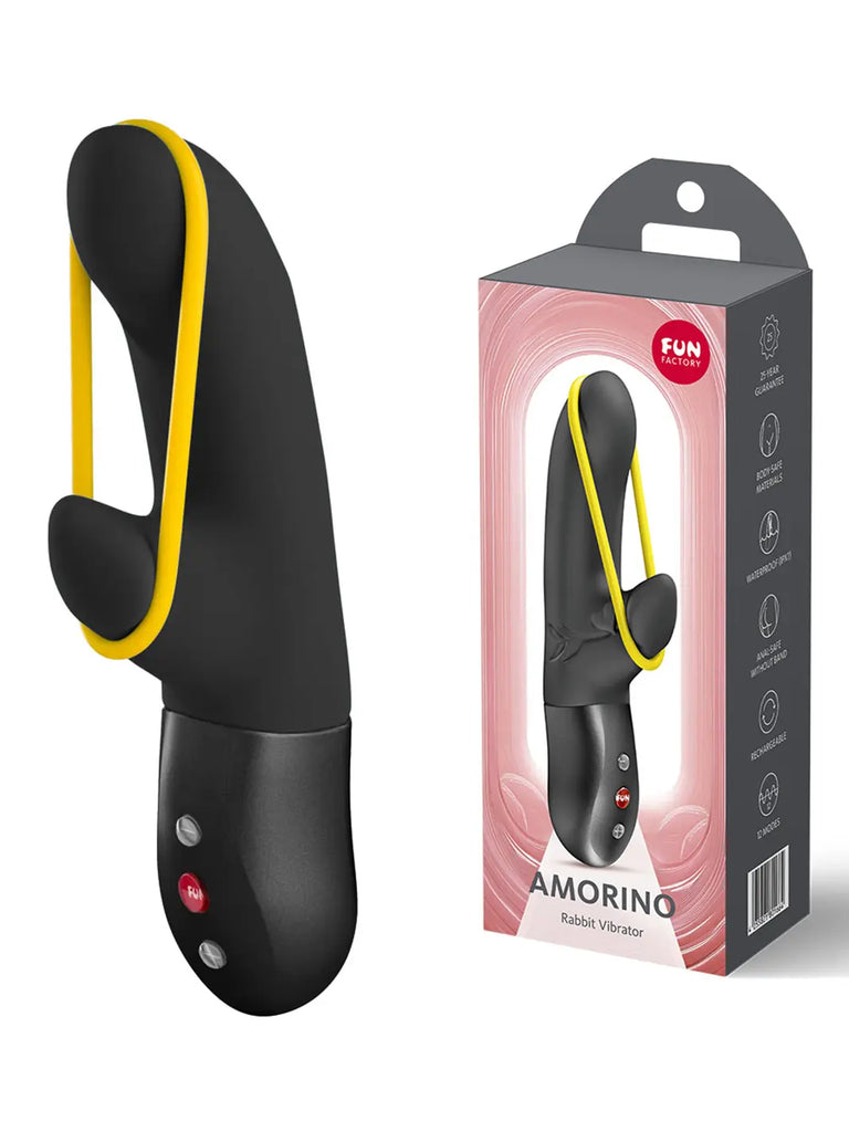 Black FUN FACTORY Amorino displayed with its branded retail box