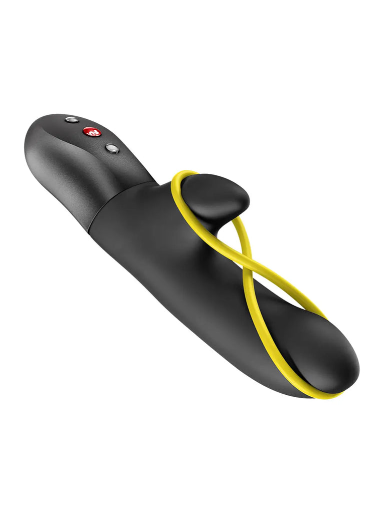 Angled view of the black FUN FACTORY Amorino with flexible silicone construction and stimulation band