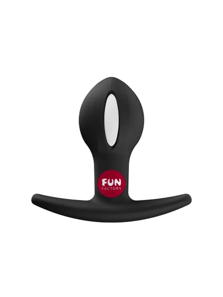 Front view of the black FUN FACTORY B Balls Uno weighted anal plug with an oval silhouette and flared base