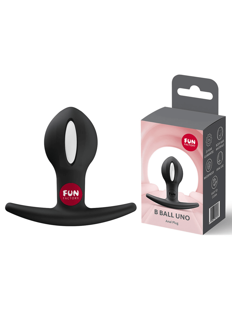 Black FUN FACTORY B Balls Uno displayed beside its original branded retail packaging