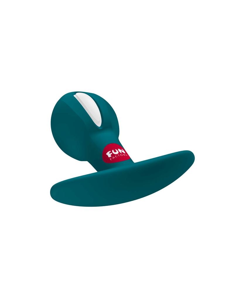Angled view of the petrol FUN FACTORY B Balls Uno highlighting its smooth silicone body and secure curved base