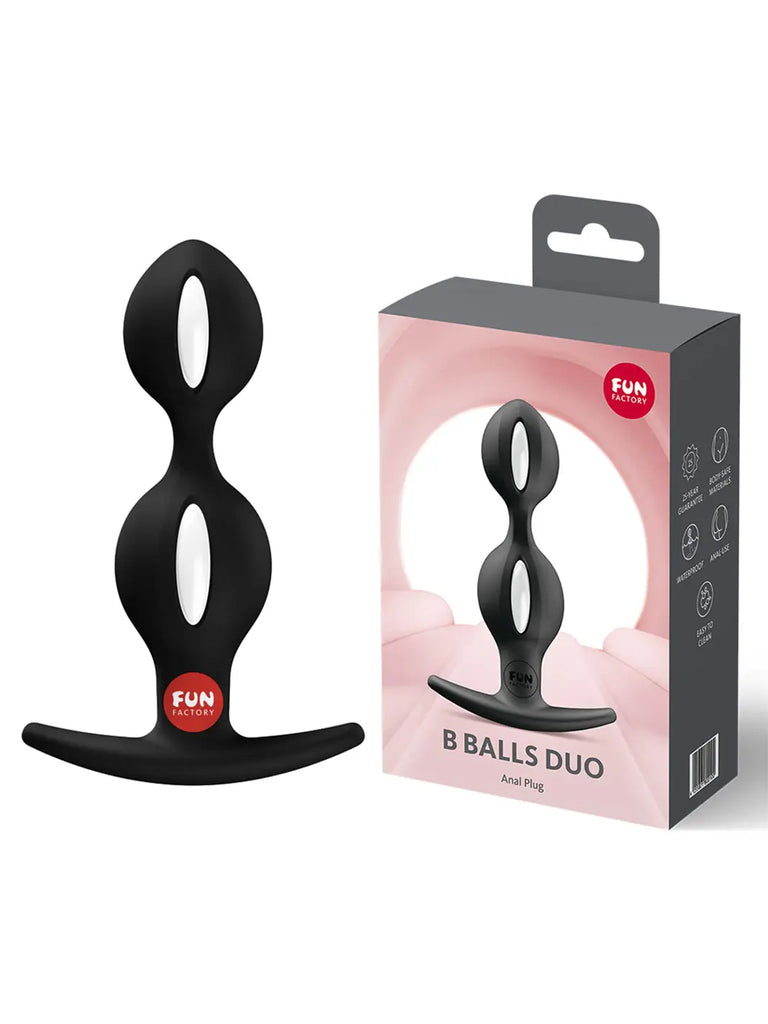 Black FUN FACTORY B Balls Duo weighted anal beads shown beside the original retail box