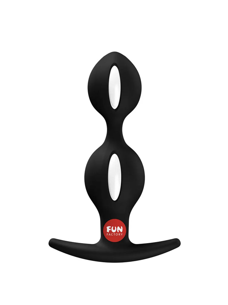 Front view of the black FUN FACTORY B Balls Duo with graduated beads and a wide safety base