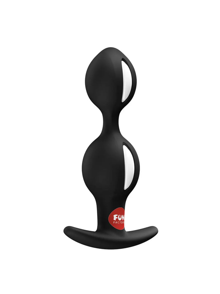Side profile of the black FUN FACTORY B Balls Duo highlighting its smooth flexible construction