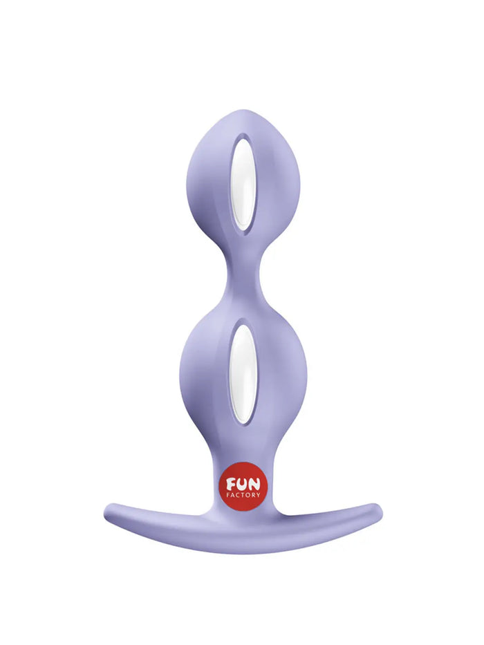 Front view of the purple FUN FACTORY B Balls Duo with two graduated beads and curved safety base