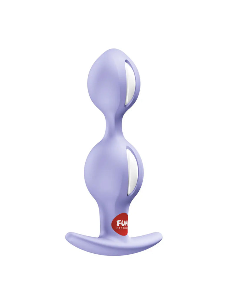 Side view of the purple FUN FACTORY B Balls Duo showing its flexible double-bead profile