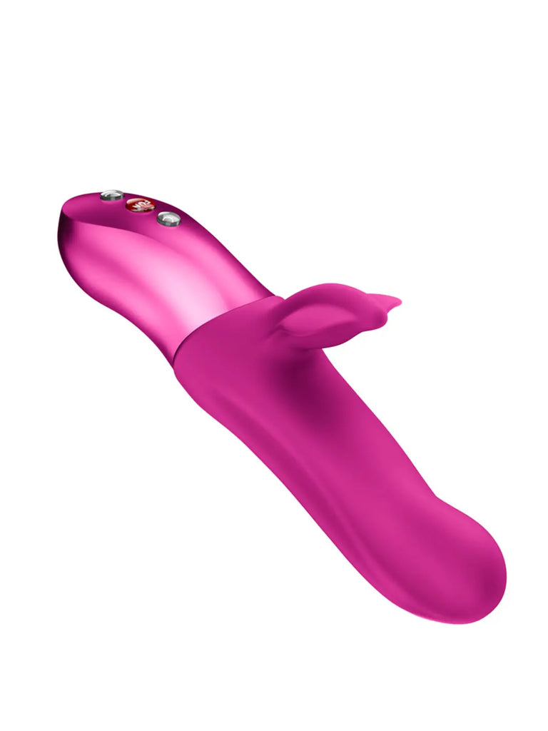 FUN FACTORY Bi Stronic Fusion in magenta side view highlighting the curved ergonomic shape and flexible external arm.