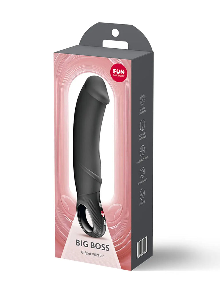 Front packaging for the black FUN FACTORY Big Boss G5 rechargeable XL vibrator