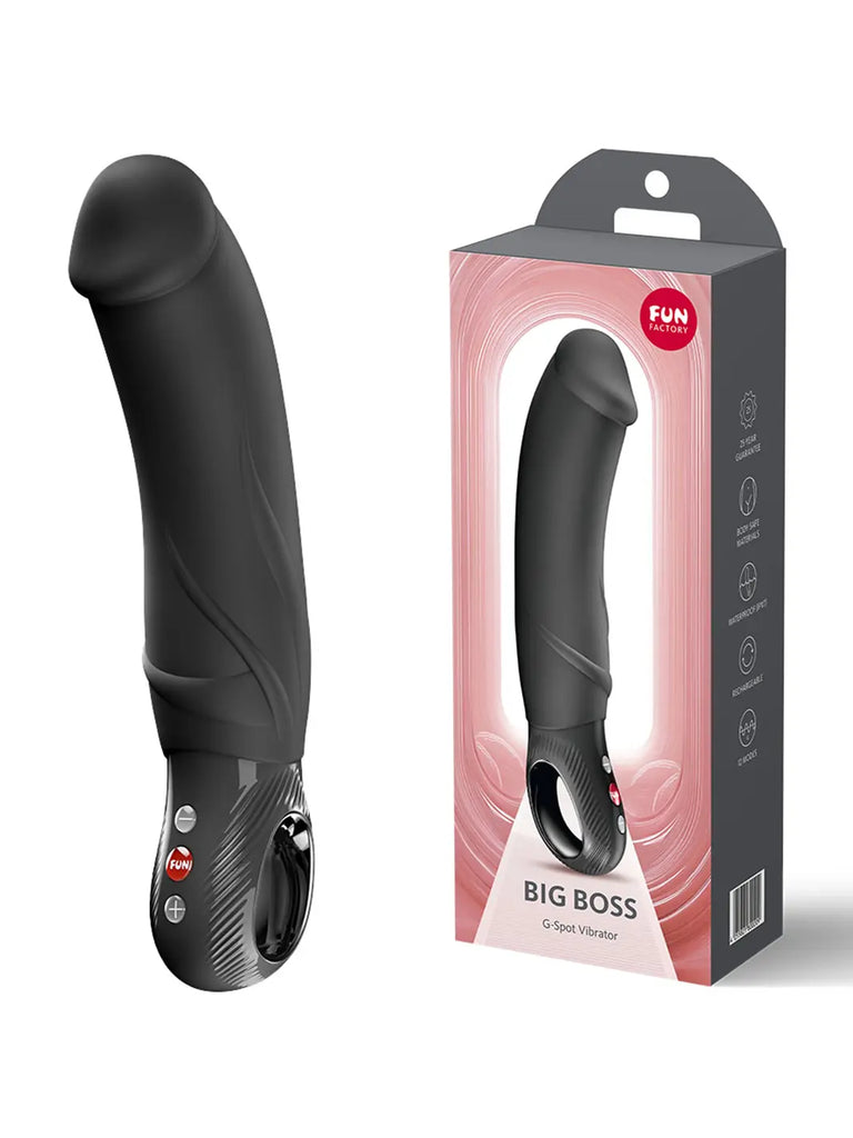 Black FUN FACTORY Big Boss G5 displayed beside its original branded retail packaging