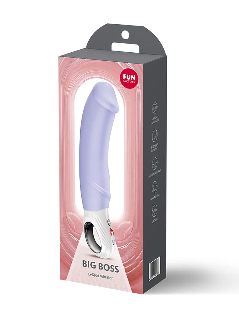 Front packaging for the purple FUN FACTORY Big Boss G5 XL rechargeable vibrator