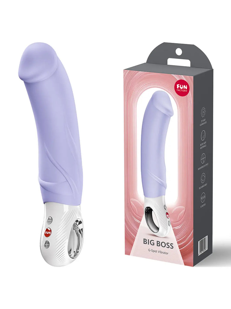 Lilac FUN FACTORY Big Boss G5 displayed with its branded retail box