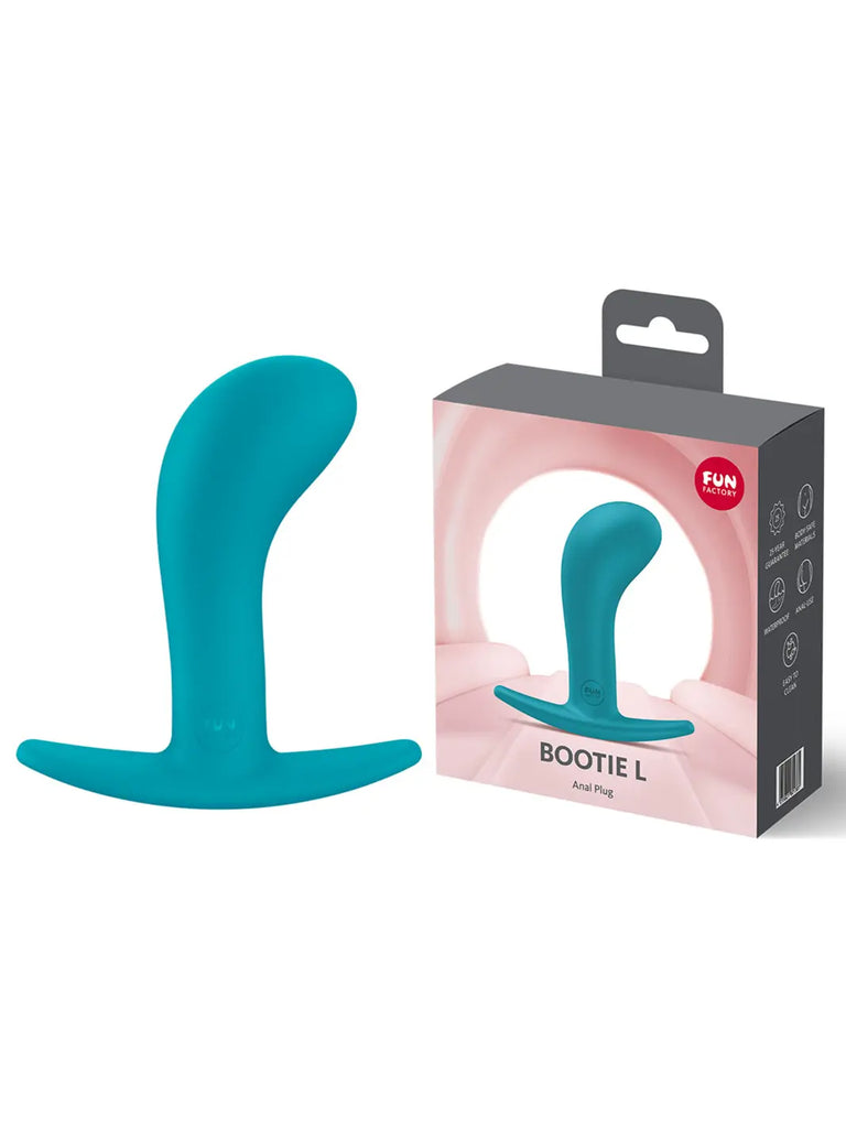 Aquamarine FUN FACTORY Bootie Large displayed with its branded retail box