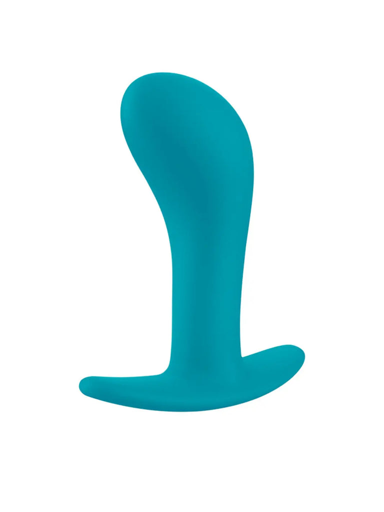 Angled view of the aquamarine FUN FACTORY Bootie Large highlighting its tapered tip and fuller silhouette