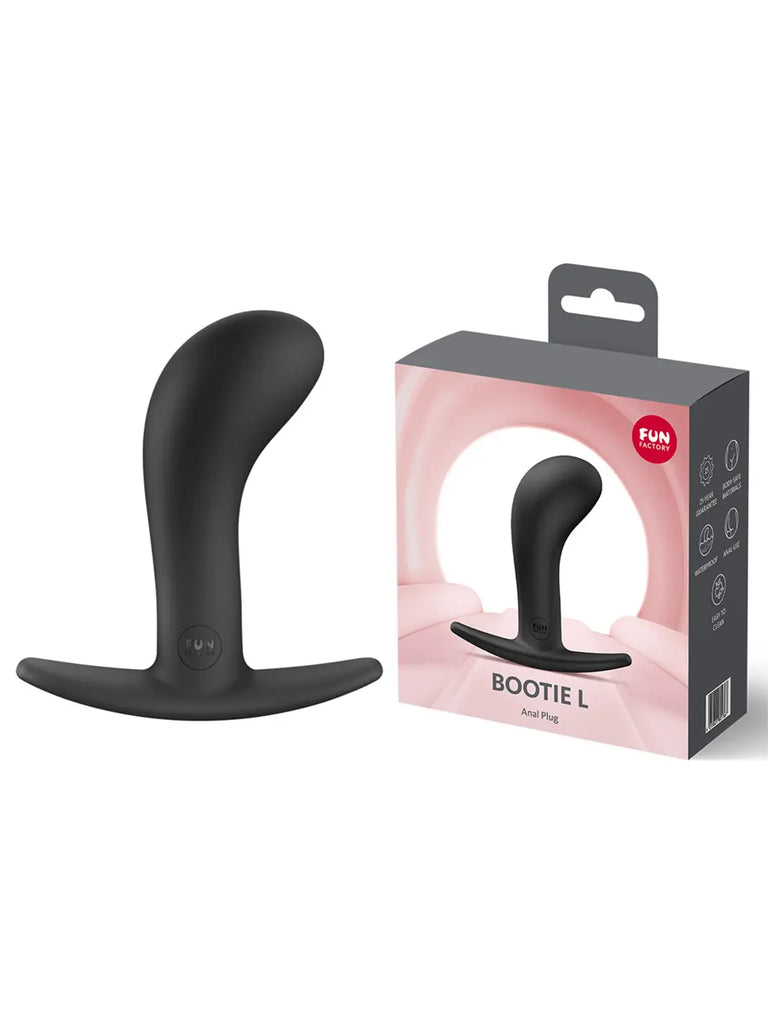 Black FUN FACTORY Bootie Large displayed beside its original branded retail packaging