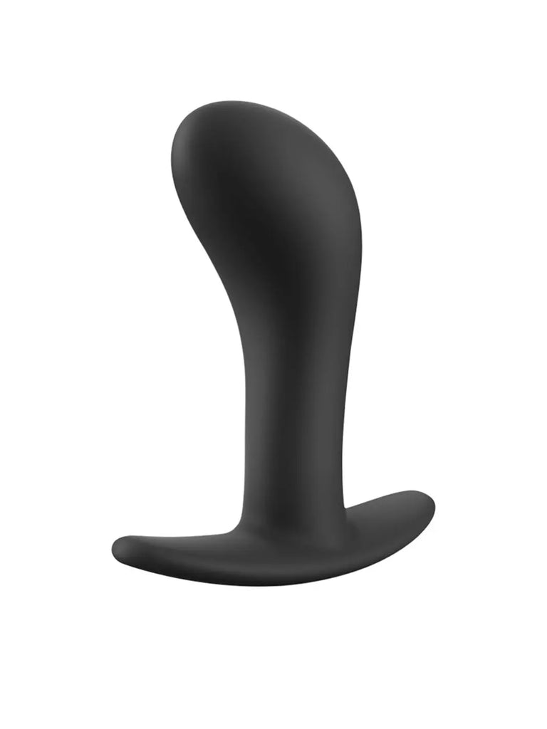 Angled view of the black FUN FACTORY Bootie Large showing its rounded tapered tip and fuller curved profile