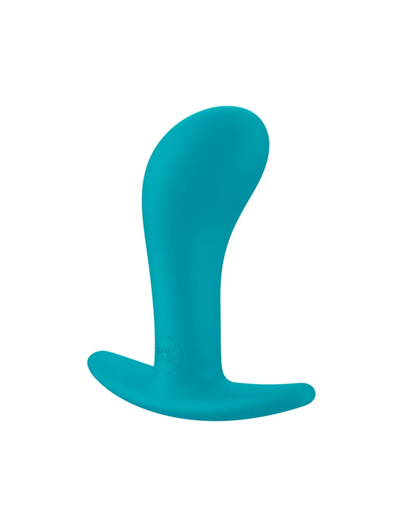 Angled view of the aquamarine FUN FACTORY Bootie Medium highlighting its tapered tip and medium profile