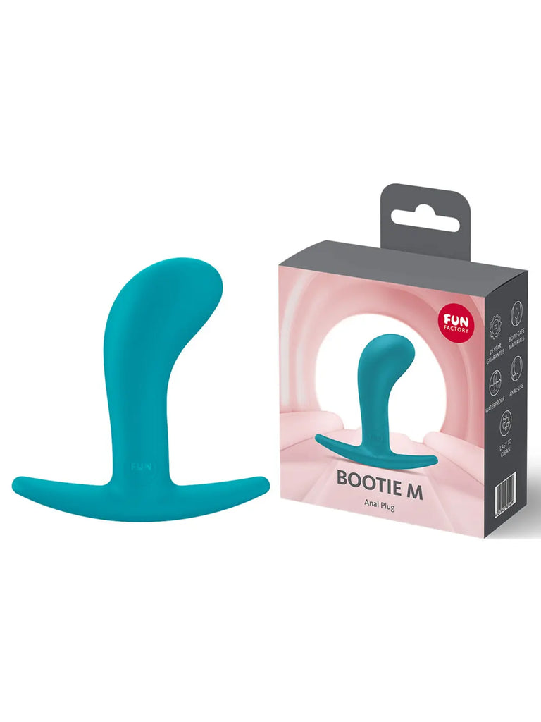 Aquamarine FUN FACTORY Bootie Medium displayed with its branded retail box