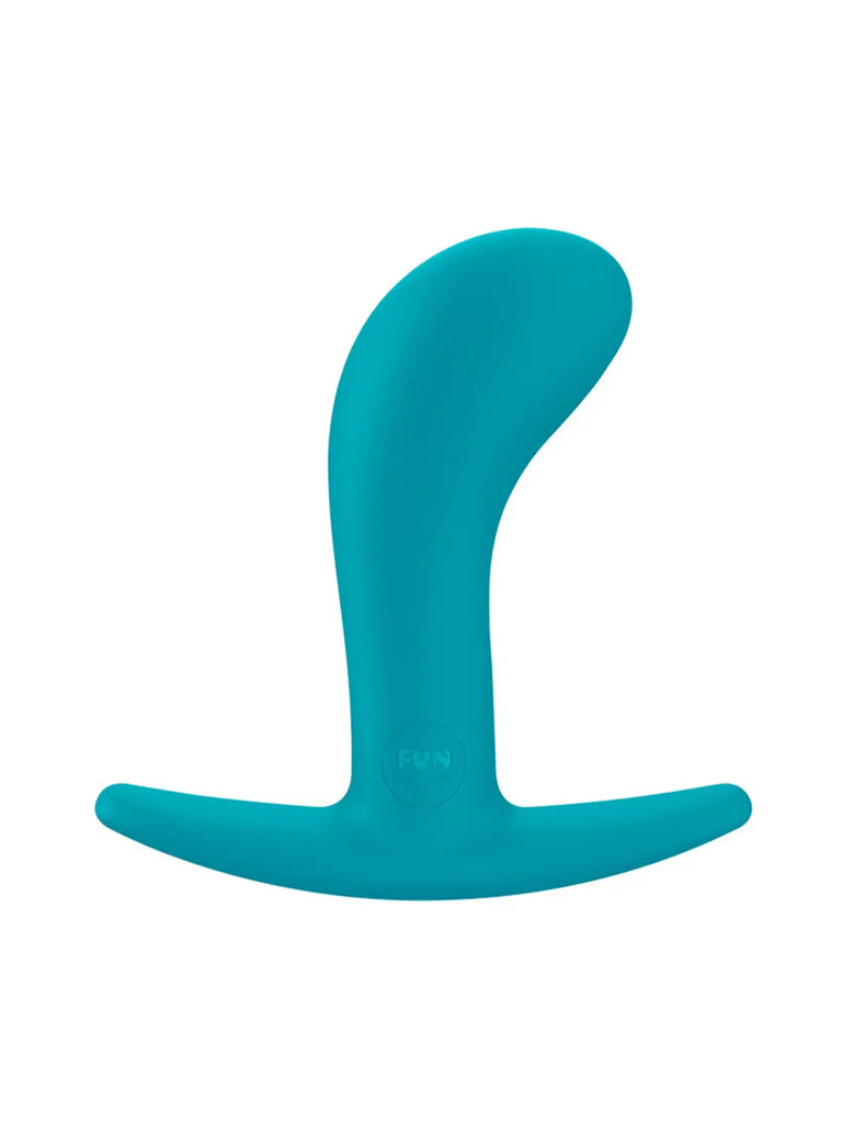 Aquamarine FUN FACTORY Bootie Medium silicone plug with a smooth curved shaft and broad flared base