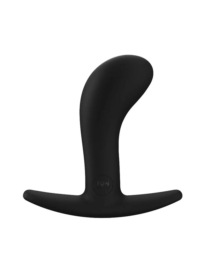 Black FUN FACTORY Bootie Medium silicone plug with a curved shaft and wide flared safety base