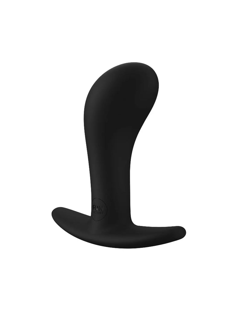 Angled view of the black FUN FACTORY Bootie Medium showing its tapered tip and curved silicone profile
