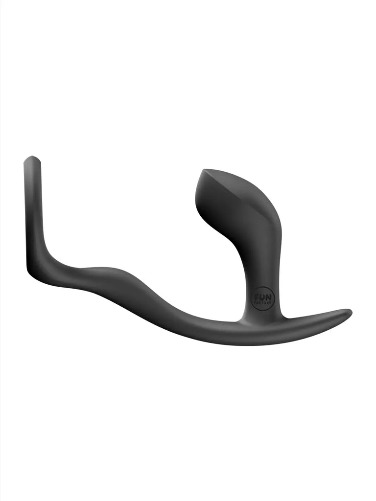 FUN FACTORY Bootie Ring in black side view highlighting the curved plug shape and flexible ring.