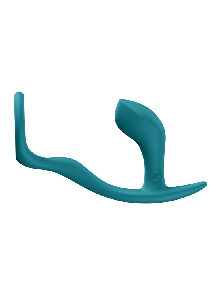 FUN FACTORY Bootie Ring in aquamarine side view highlighting the curved plug shape and flexible ring.