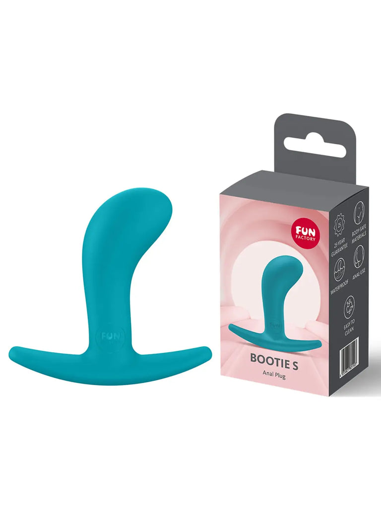 Aquamarine FUN FACTORY Bootie Small displayed with its branded retail box
