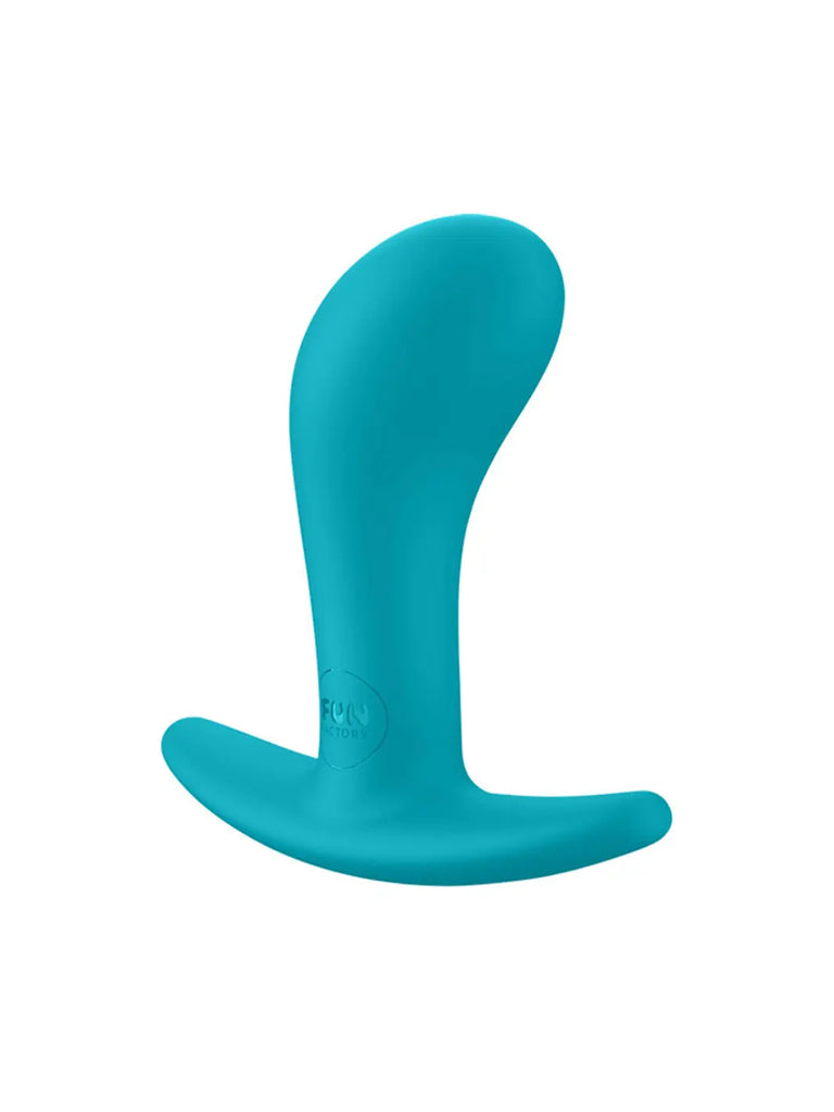 Angled view of the aquamarine FUN FACTORY Bootie Small highlighting its tapered silicone shape