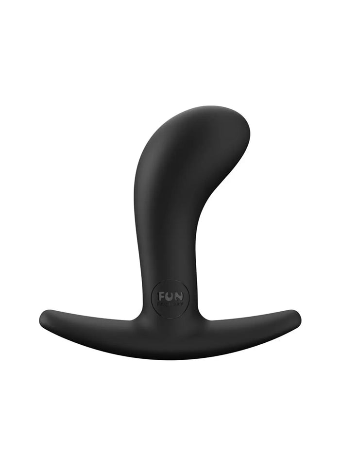 Black FUN FACTORY Bootie Small silicone plug with a curved shaft and wide flared safety base
