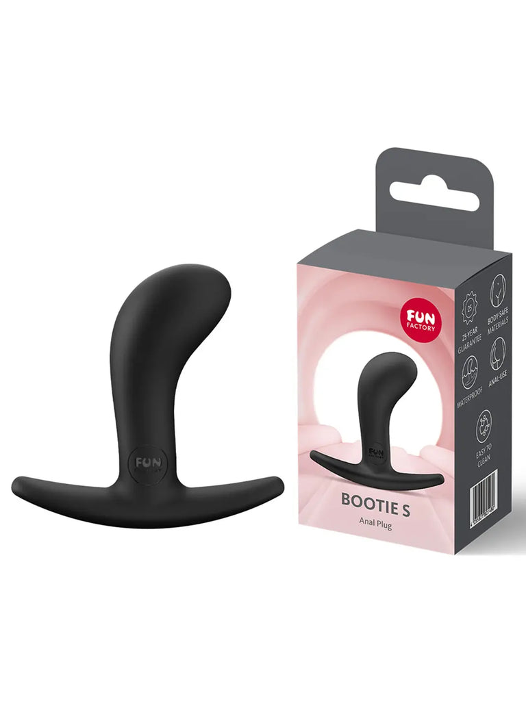 Black FUN FACTORY Bootie Small displayed beside its original branded retail packaging