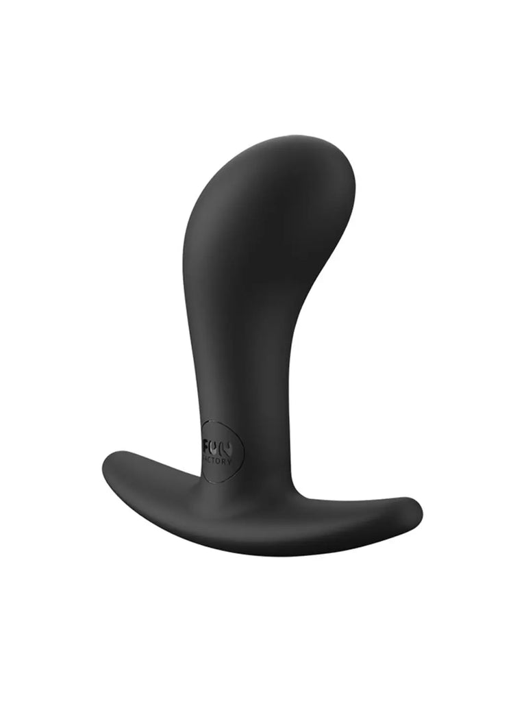 Angled view of the black FUN FACTORY Bootie Small showing its tapered tip and curved profile