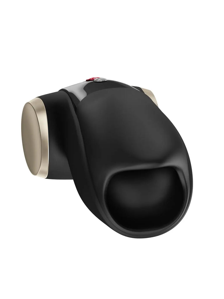 FUN FACTORY Cobra Libre II in black front view highlighting the open-ended design and gold accent detail.