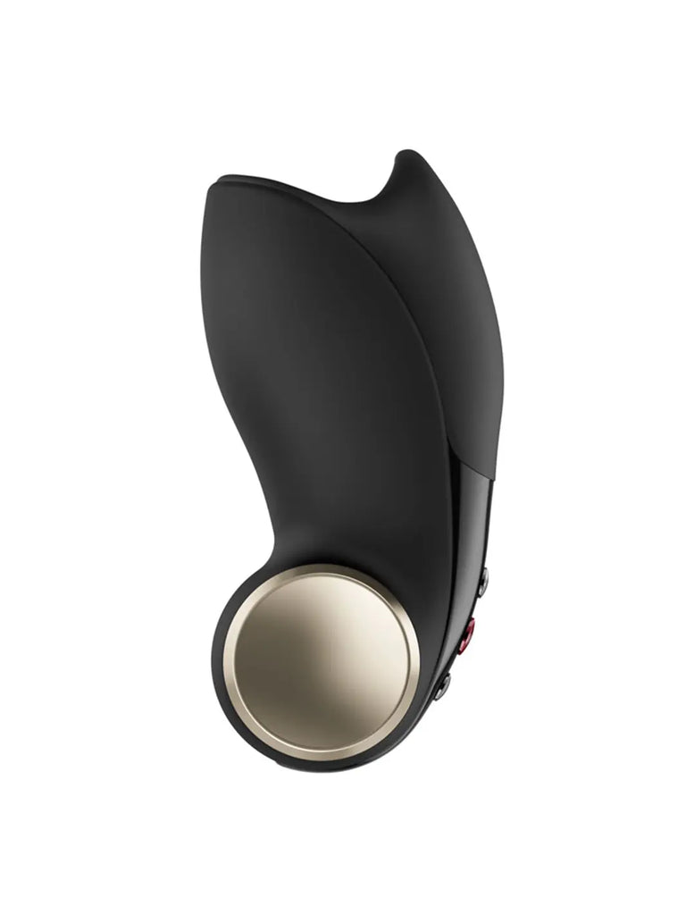 FUN FACTORY Cobra Libre II in black side view showing the curved silicone shape and gold accent plate.