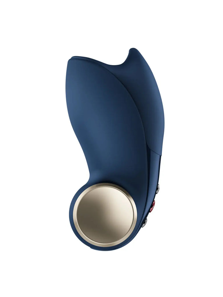 FUN FACTORY Cobra Libre II in night blue side view showing the curved silicone shape and gold accent plate.