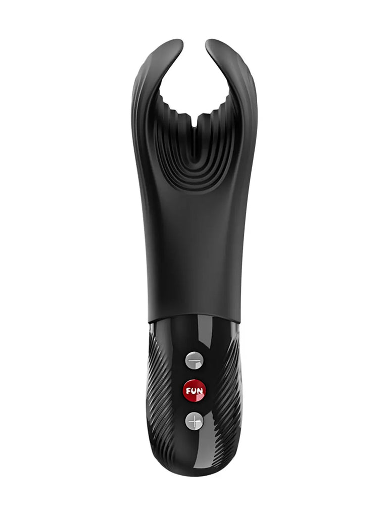 FUN FACTORY Manta in black front view with flexible dual-tip design and ergonomic control handle.