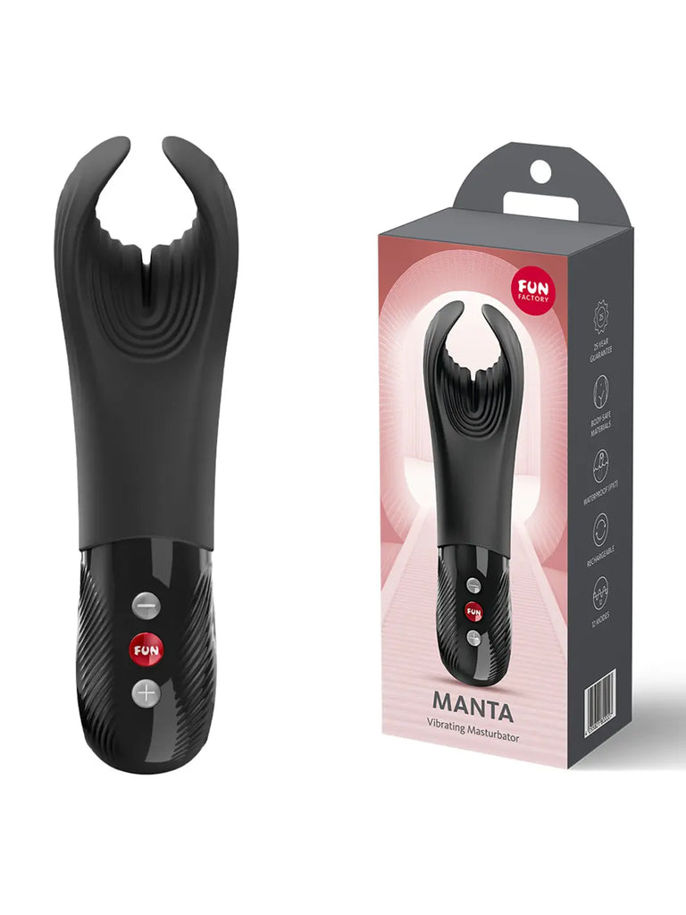 FUN FACTORY Manta in black shown with retail packaging and premium silicone finish.