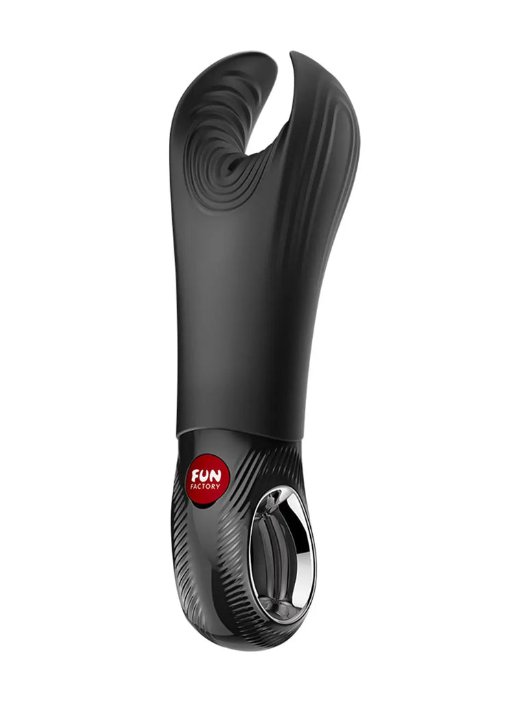 FUN FACTORY Manta in black side view highlighting the slim profile and flexible silicone shape.