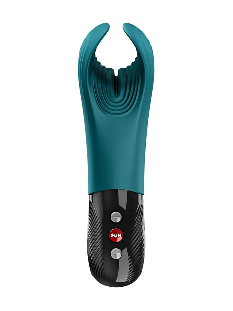 FUN FACTORY Manta in bottle green front view with flexible dual-tip design and control handle.