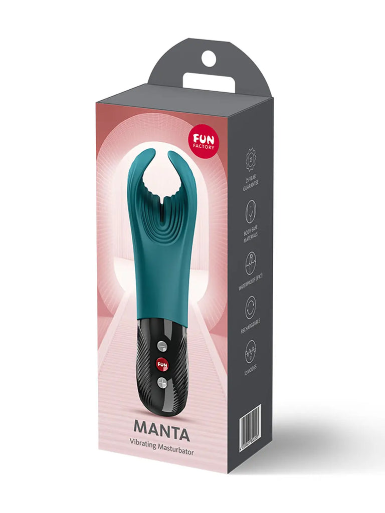 FUN FACTORY Manta bottle green retail packaging front view with product image.