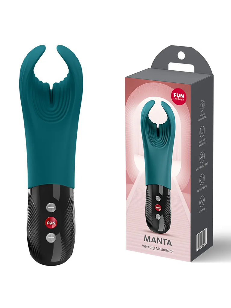 FUN FACTORY Manta in bottle green shown with retail packaging and premium silicone finish.