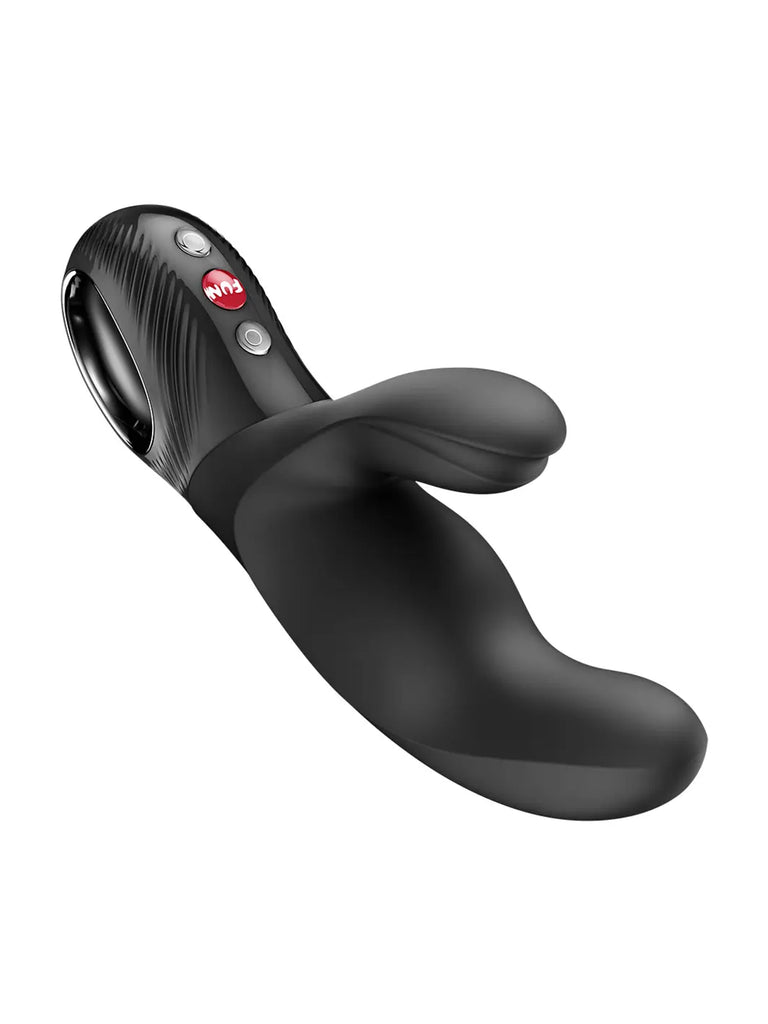 Angled view of the black FUN FACTORY Miss Bi with dual motors and broad external stimulator