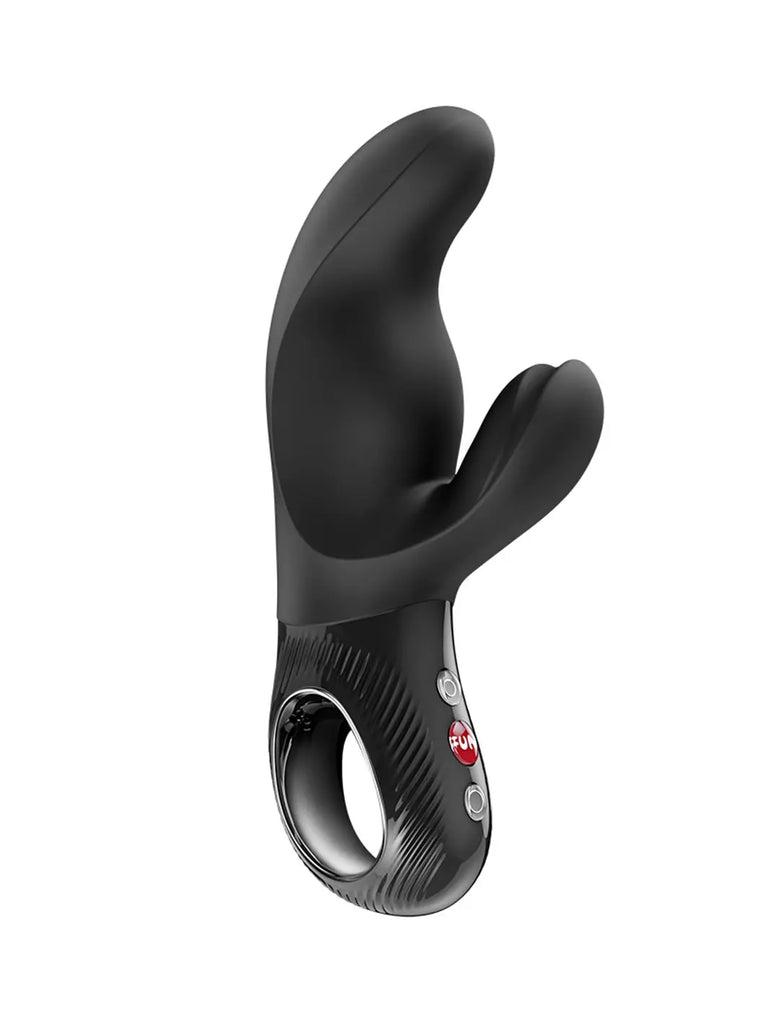 Black FUN FACTORY Miss Bi dual-stimulation vibrator with a curved shaft and flexible external extension